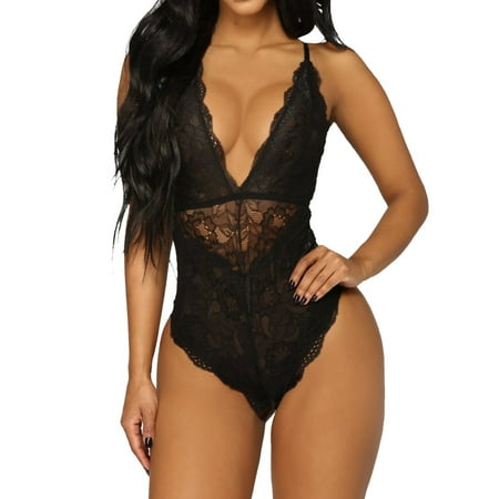 adviicd Lingerie Robe Women One Piece Lingerie Deep V Teddy Lace Bodysuit Halter Black 2XL