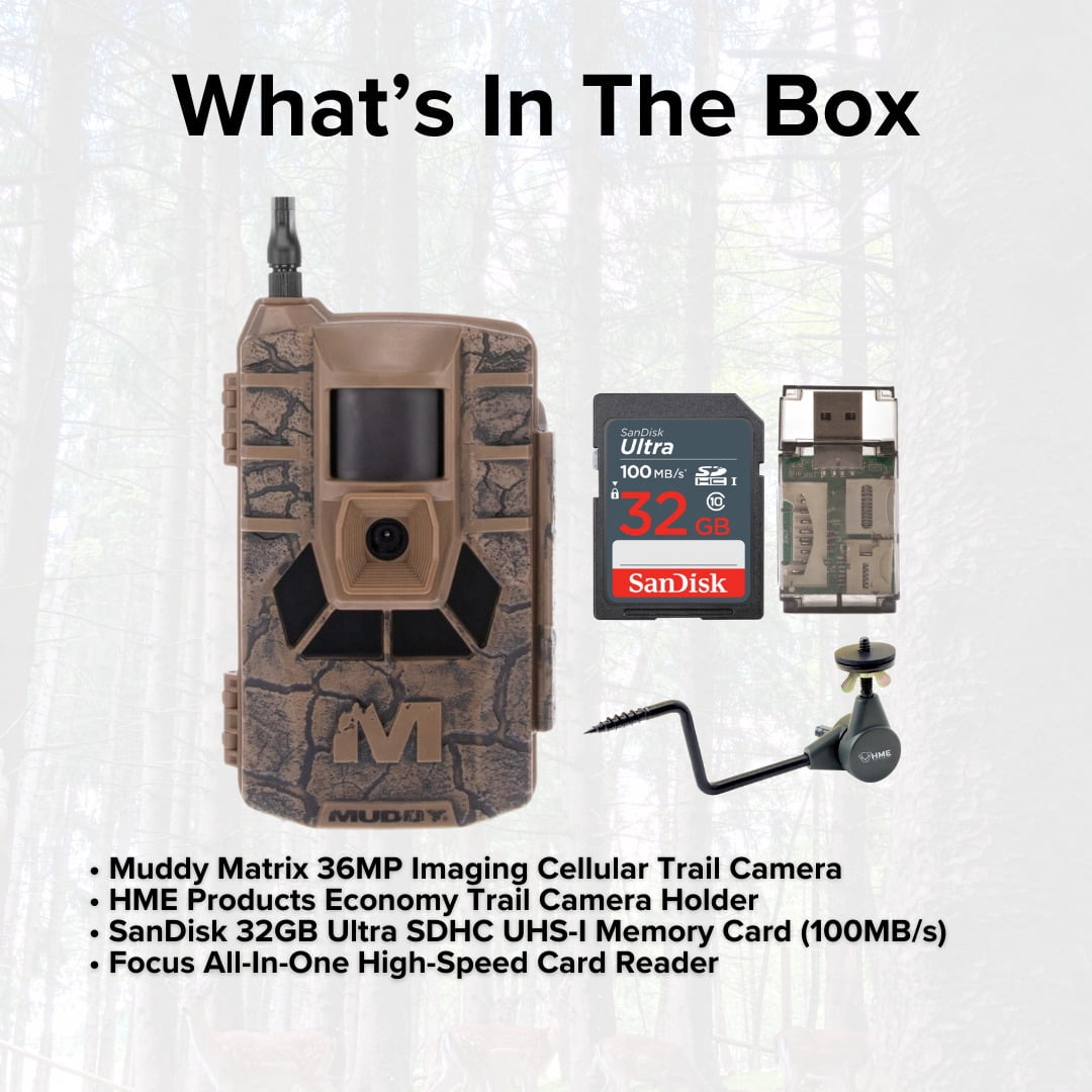 Muddy Matrix 36MP Imaging Cellular Trail Camera with On Demand Photo (Mud) Bundle with Trail Camera Holder, 32GB UHS-I Memory Card, and USB 2.0 Card Reader (4 Items)