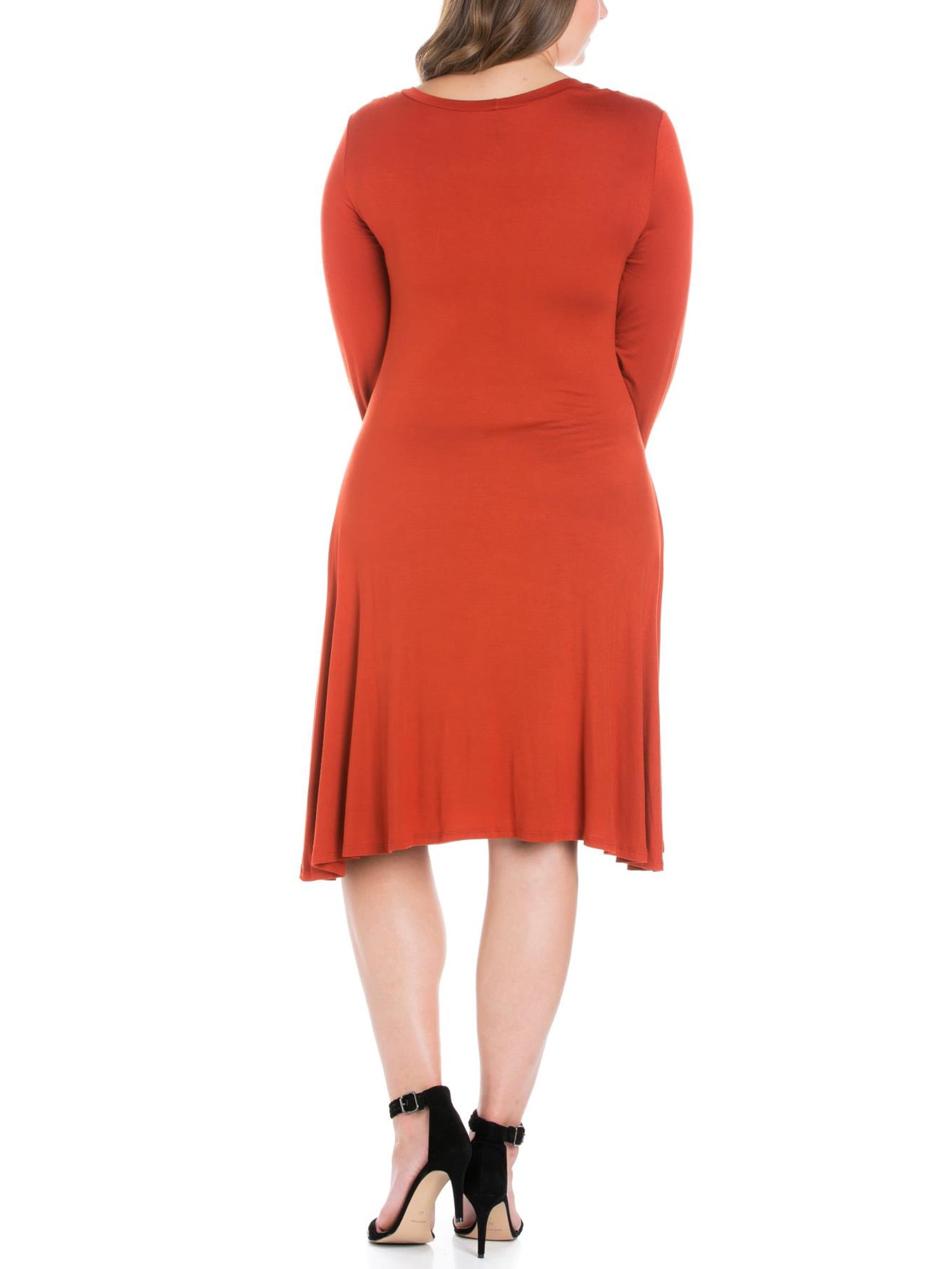 24seven Comfort Apparel Plus Size Classic Long Sleeve Flared Mini Dress