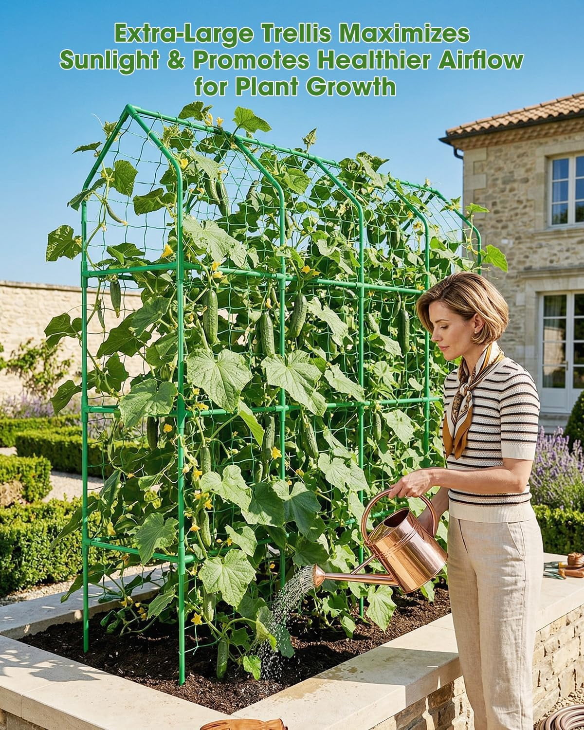 65" Cucumber Trellis for Climbing Plants Outdoor, Metal Garden Trellis for Raised Bed, Plant Support Structures with Netting for Cucumbers Tomatoes Beans Peas (67 * 17 * 65inch(L*W*H), Trellis)