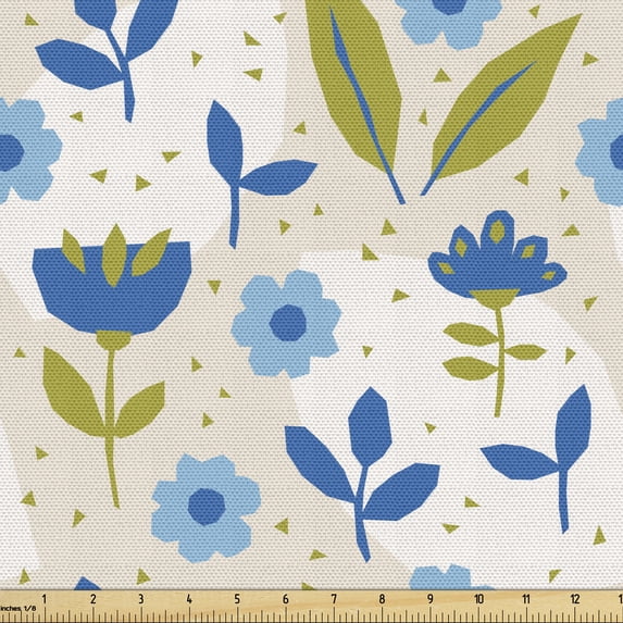 Floral Fabric by the Yard, Digitally Generated Geometric Flower and Leaves, Upholstery Fabric for Dining Chairs Home Decor Accents, Eggshell Olive Green by Ambesonne