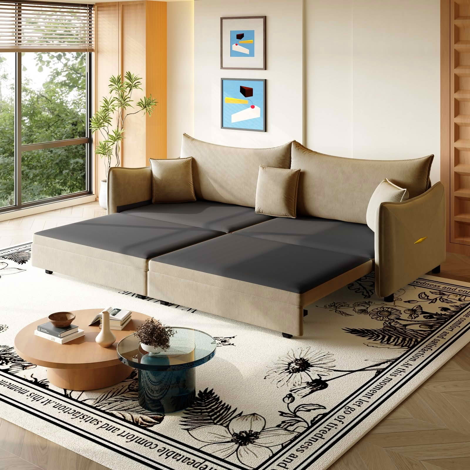 MAYEERTY 81.9" King Pull‑Out Velvet Sofa Bed, 3‑in‑1 Convertible 3‑Seater Couch with Golden Accent, 3 Pillows Included for Small Space & Living Room