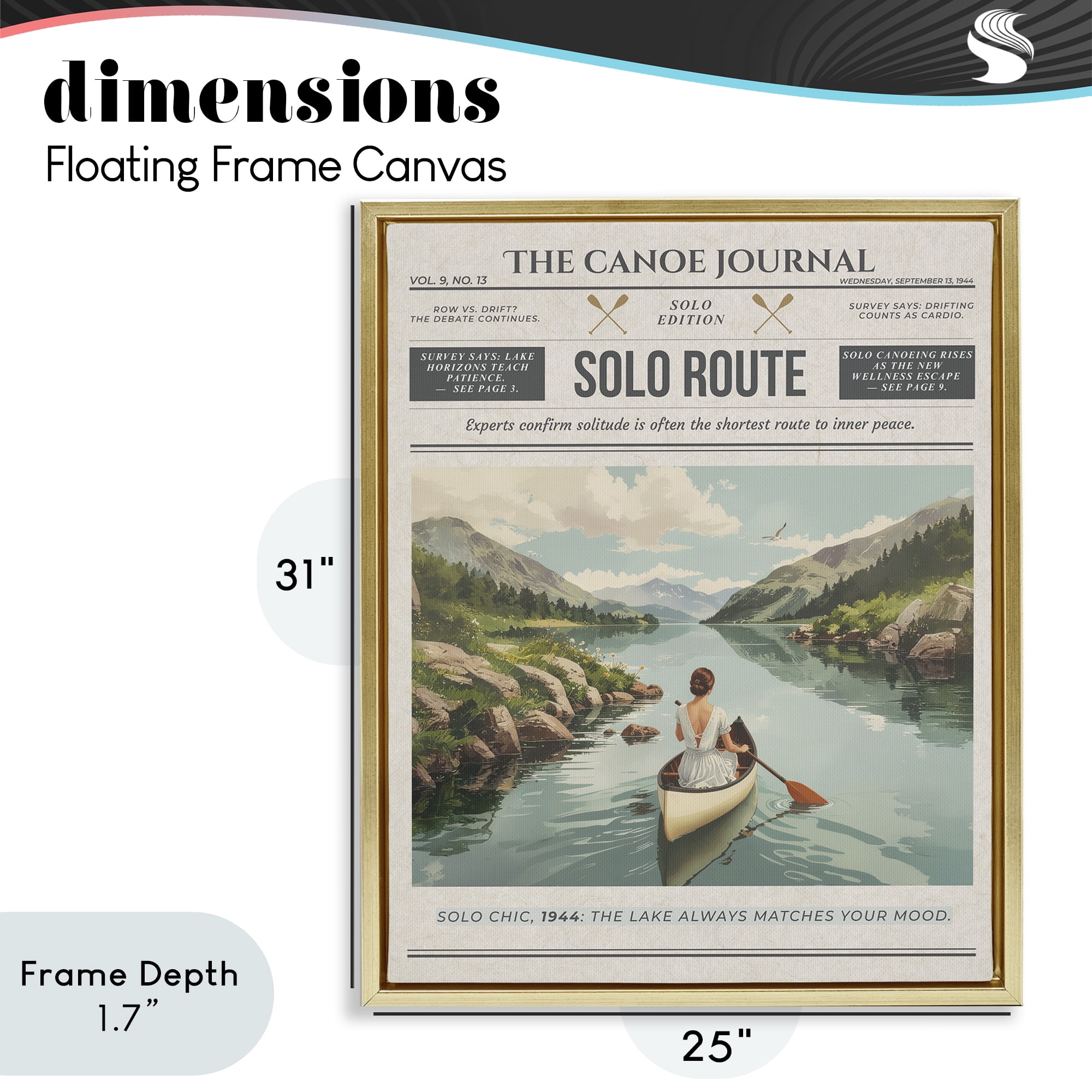 Stupell Industries Canoe Journal Newspaper Gold Framed Floater Canvas Wall Art, design by A Barefoot Stylist