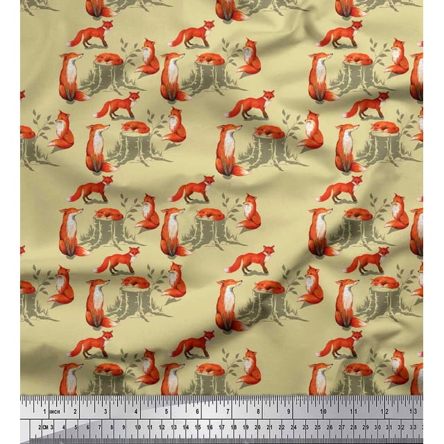 Soimoi Beige Poly Georgette Fabric Tree Stump & Fox Animal Printed Fabric 1 Yard 42 Inch Wide