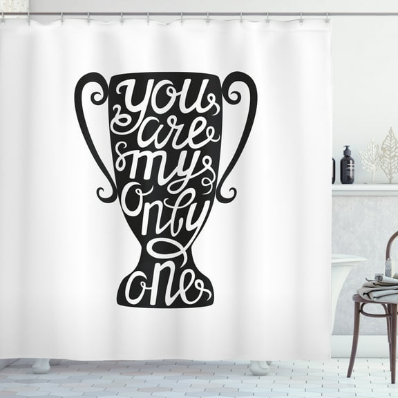 One and Only Saying Shower Curtain, You are My Only Calligraphy on a Trophy Silhouette Monochrome Art, Fabric Bathroom Set with Hooks, 69W X 70L Inches, Dark Grey White, by Ambesonne