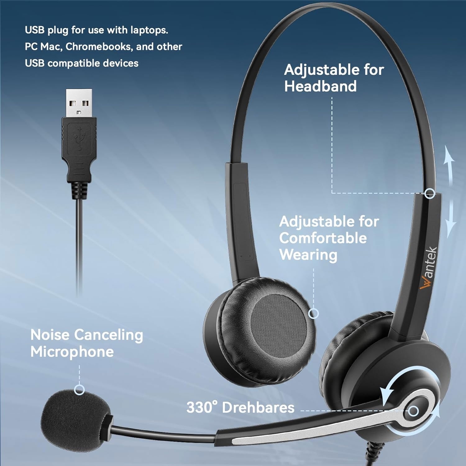 Wantek Binaural Corded USB Headsets with Noise Cancelling Mic and in-line Controls, UC Business Headset for Skype, Soft Phone, Cell Center, Crystal Clear Chat, Super Lightweight, Ultra Comfort