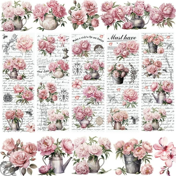 5 Sheets Rub On Transfer Sticker, Vintage Peony Flower Decals Retro Pink Flower Word Stickers for DIY Scrapbooking Photo Albums Furniture, 11.8 * 3.9in