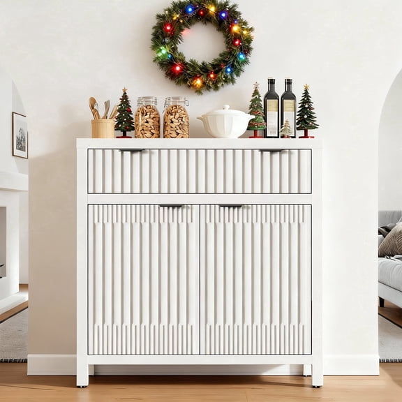Fatmok Fluted Buffet Cabinet with Storage, 34" Tall Wooden Accent Sideboard Cabinet with/Adjustable Shelf, Modern Console Tables TV Stand with Drawer for Dining Room, Kitchen, White