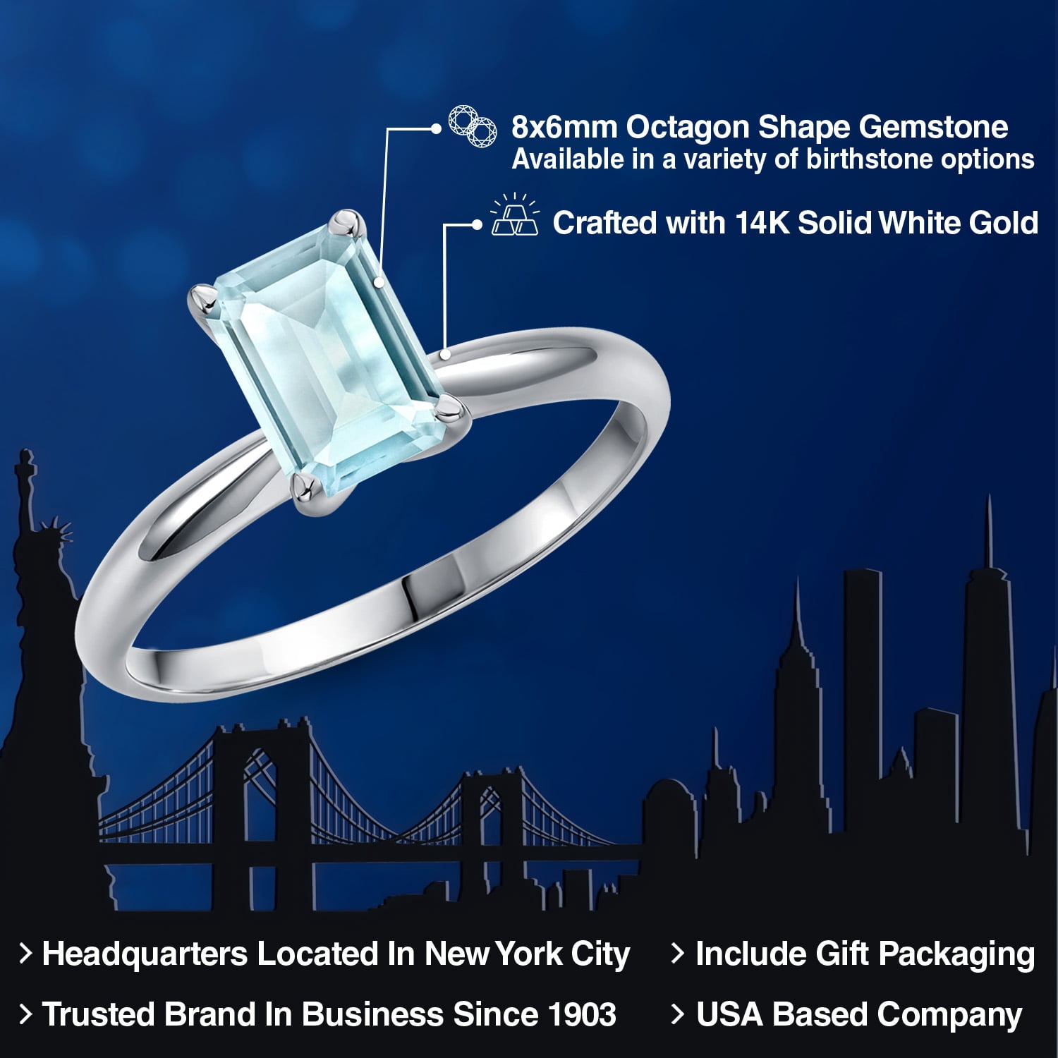 Gem Stone King 14K White Gold Sky Blue Topaz Solitaire Engagement Ring for Women | 2.00 Cttw | Octagon 8X6MM | Gemstone November Birthstone | Size 6