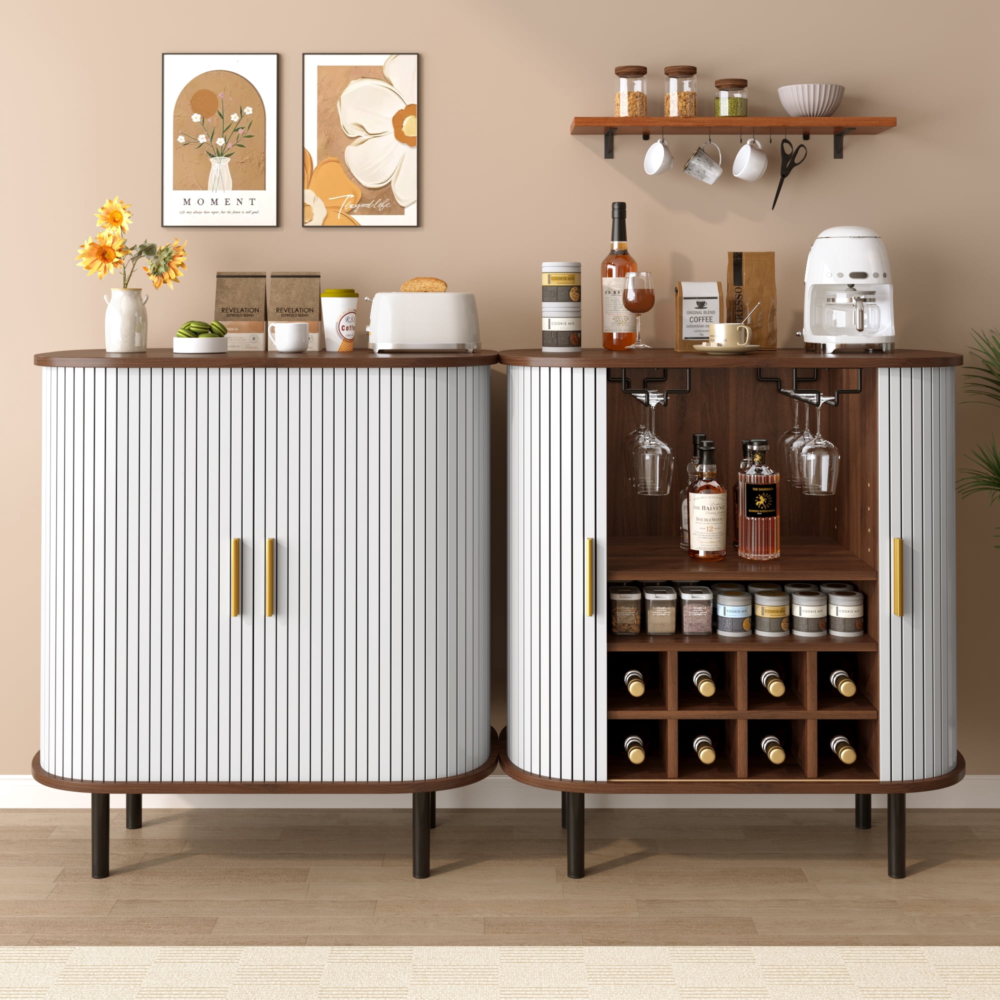 Mintazer 28" Modern Wine Bar Cabinet with Fluted Doors & Drawer, Storage Cabinet with 6 Wine Racks and 3 Glass Holders for Kitchen Living Room, White