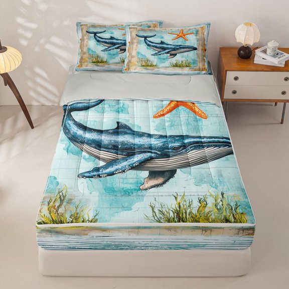 Manfei Vintage Whale Zipper Full Size Comforter Sets with Fitted Sheet and 2 Pillowcases for Kids Boys and Girls, Coastal Zipper Bedding Set, Gray Reversible, 4-Piece