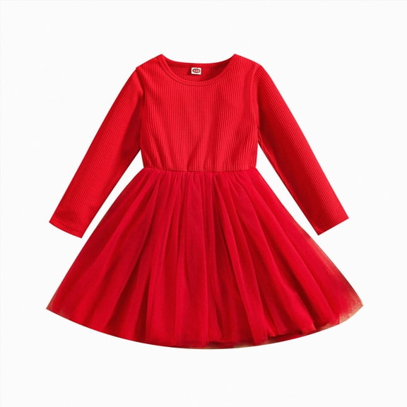 WUANDIXFA Newborn Infant Baby Girls Ribbed Dress Solid Autumn Long Sleeve Tulle Princess Dress Clothes,Red,12-18 Months