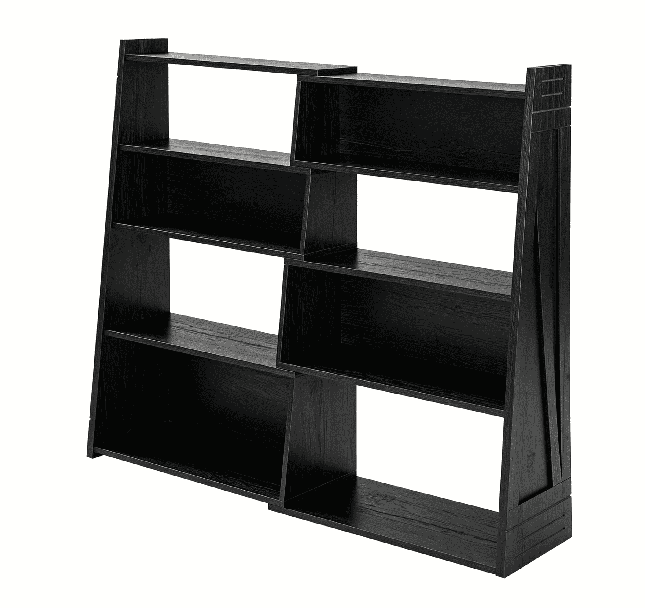 Modular Asymmetrical Bookshelf with 3 Configurable Layouts, Foldable Display Shelf and Staggered Storage Bookcase, Black Woodgrain