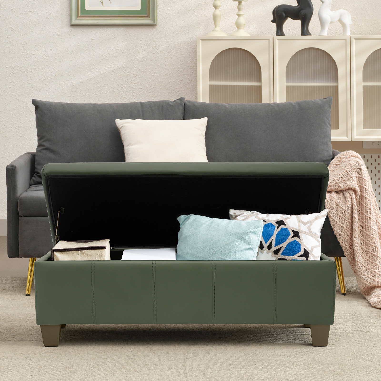 Foredo Rectangle Ottoman with Storage, Modern Faux Leather Bench with Solid Wood Legs, Ottoman for Living Room, Bedroom and Entryway, Green