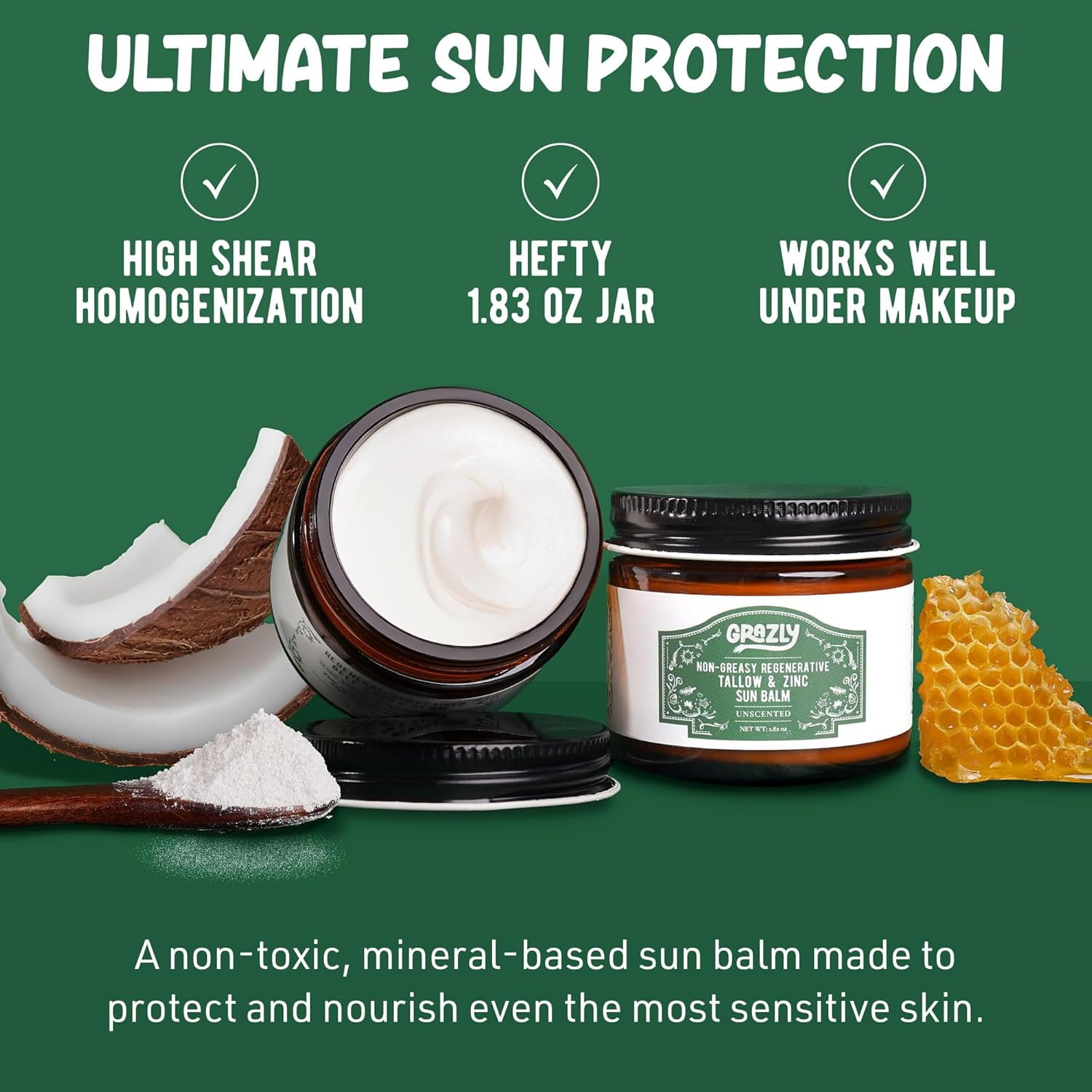 Grazly Beef Tallow Sunscreen SPF 35 – Unscented Water Resistant Zinc Sun Balm, Non-Greasy Natural Sunscreen for Face & Body – 4 Natural Ingredients: Zinc, Organic Coconut Oil, Beeswax - 1.8 oz