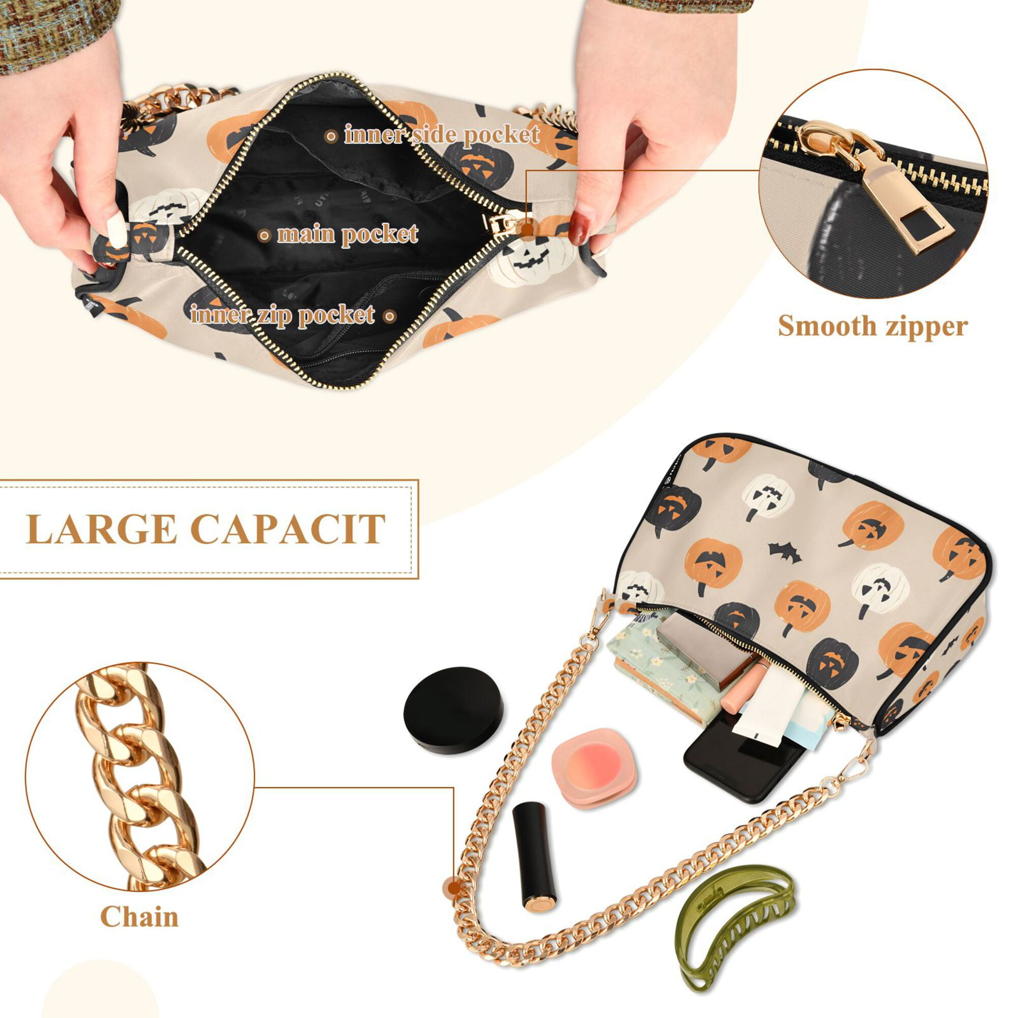 FORMRS Womens Shoulder Bag with Chain Strap Clutch Purse Cute Tote Handbag, Beige Halloween Pumpkin