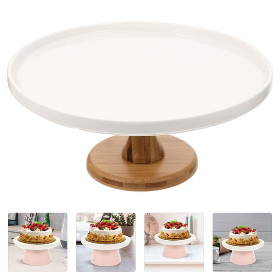 WHAMVOX Elegant Ceramic Cake Stand with Wooden Base for Dessert Display at Parties and Decor Assorted Color