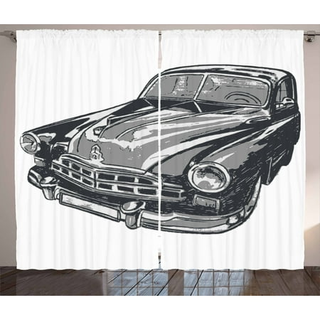 Cars Curtains 2 Panels Set Hand Drawn Vintage Vehicle With