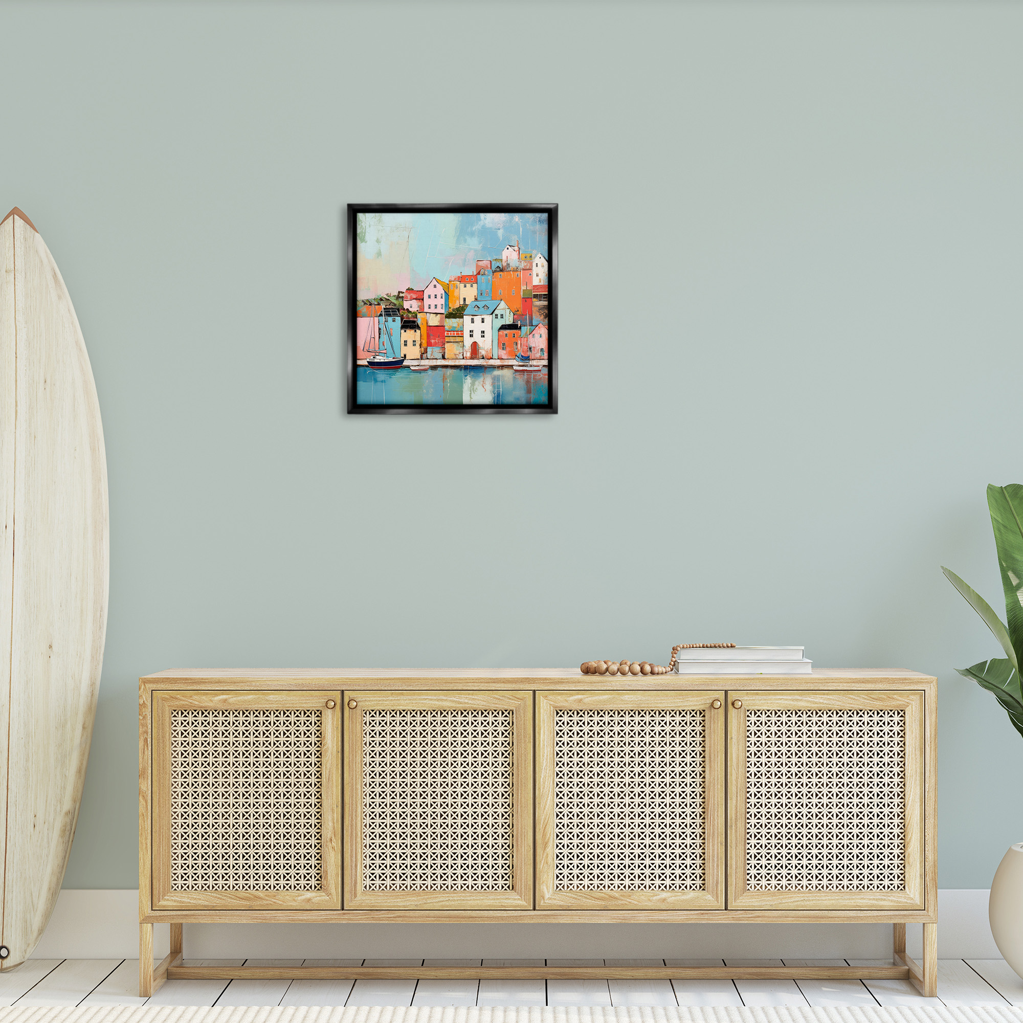 Stupell Industries Seaside Neighborhood Painting Transportation Painting Black Floater Framed Canvas Art Print Wall Art, 25 x 25