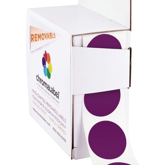 ChromaLabel Etiqueta redonda de 1 pulgada Pegatinas de puntos con código de color extraíbles 1000 etiquetas por caja dispensadora Púrpura