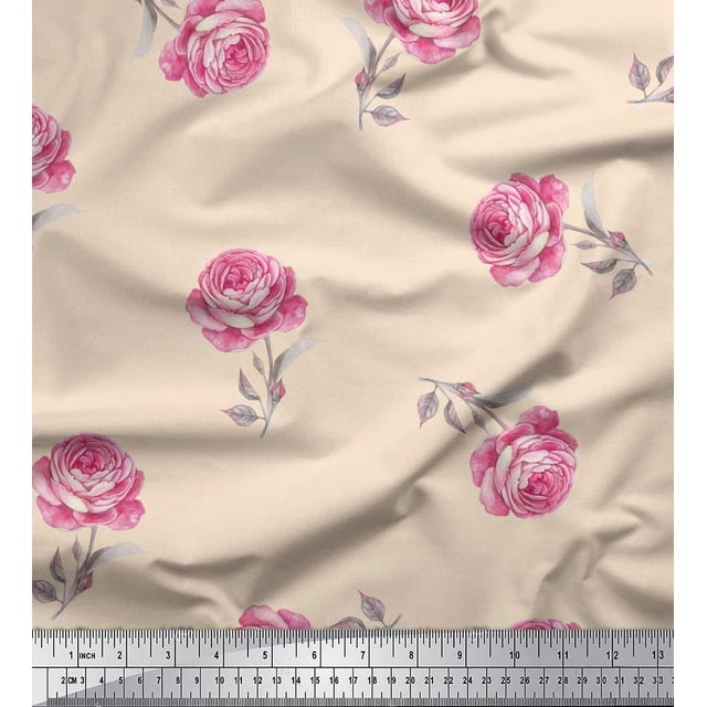 Soimoi White Cotton Duck Fabric Grandiflora Roses Floral Printed Fabric 1 Yard 42 Inch Wide