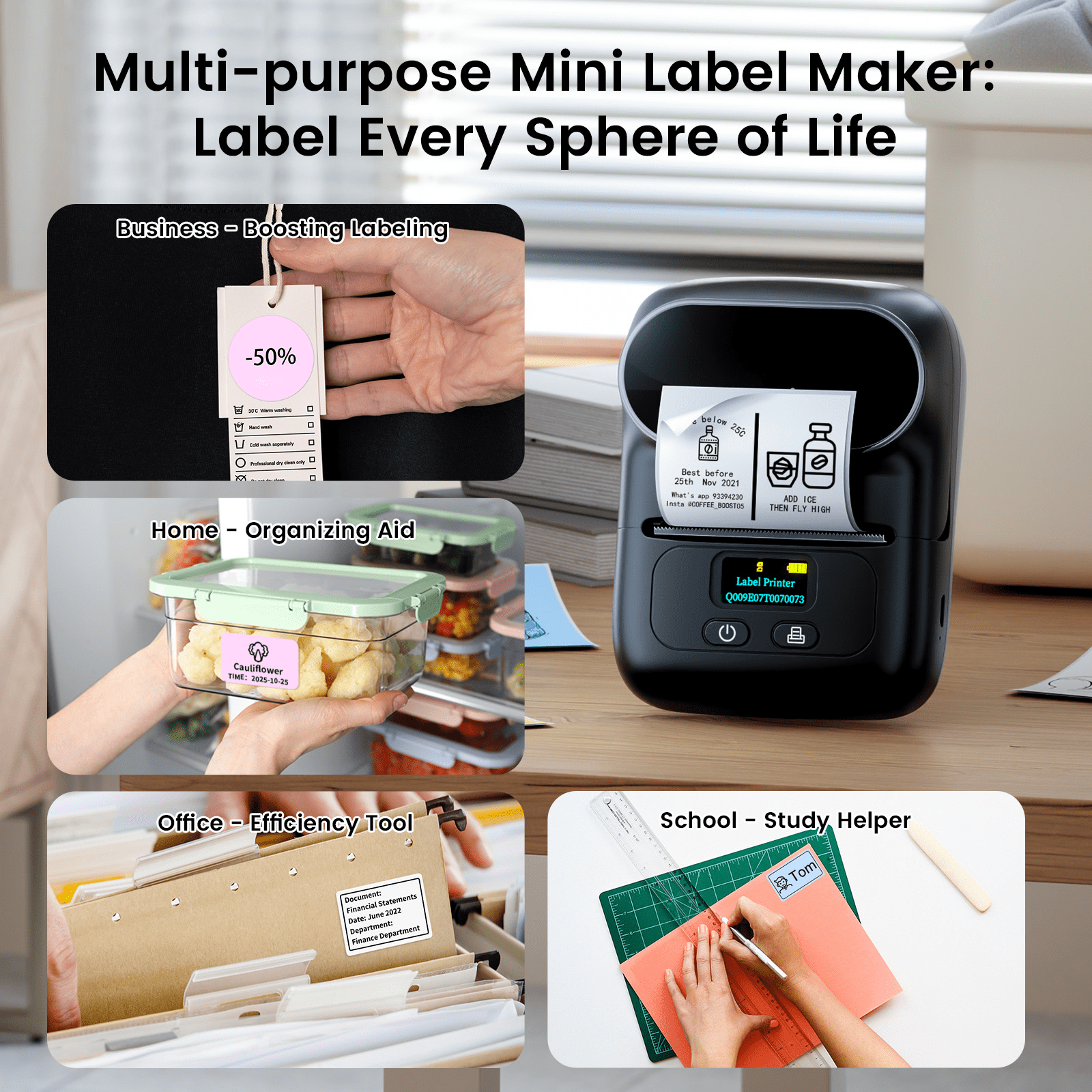 Phomemo M110 Label Maker Portable Label Printer, Sticker Printer For Small Business, Address, Office, Gift, Picture, Inkless Barcode Label Printer + 2 Rolls Thermal Paper（Black）