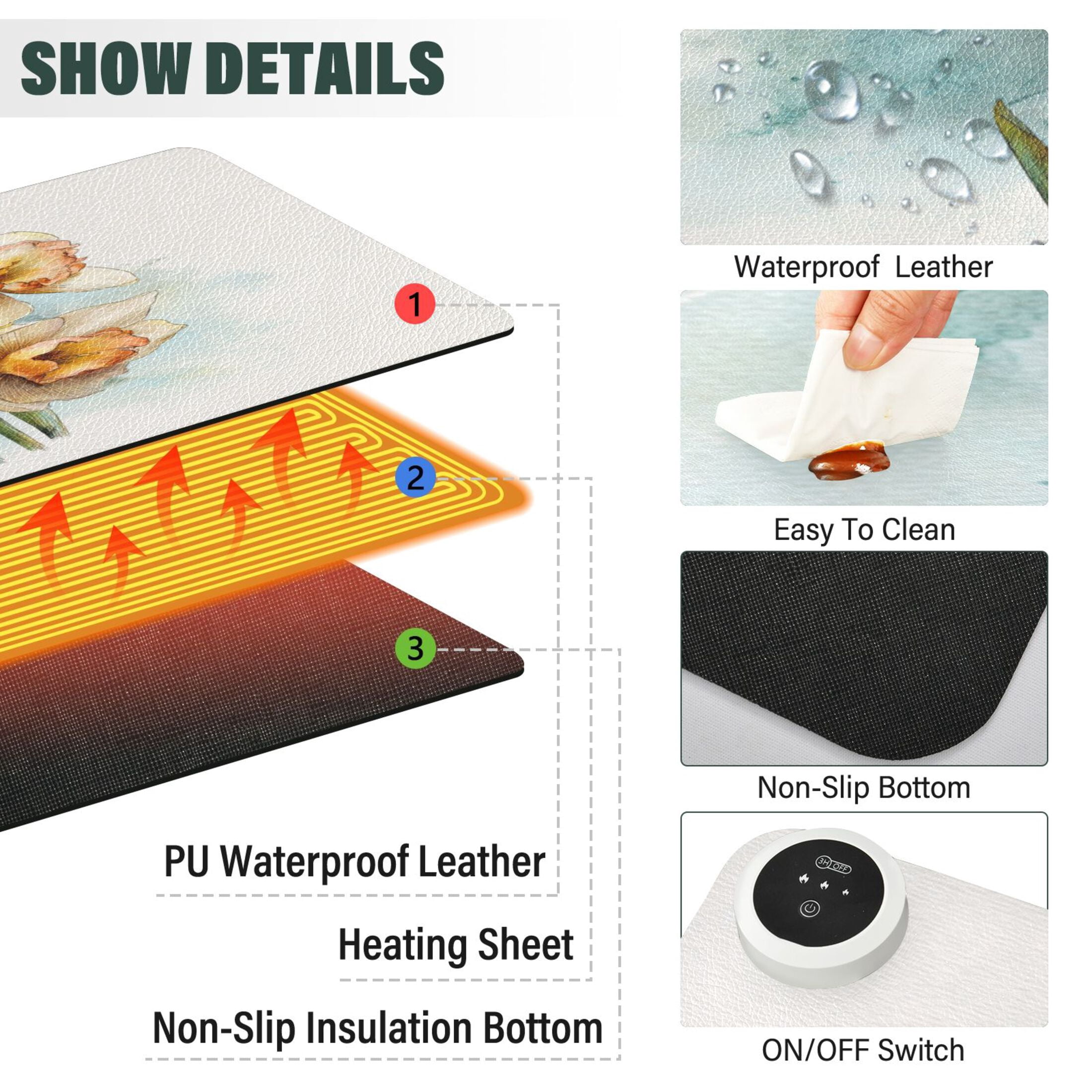 Large Heated Desk Mat Mouse Pad 31.5"x13"PU Leather Graphene Heating Desk Warmer with 3 Temperature Settings 110V US Plug Non-Slip Warm Pad for Home, Office, and Gaming Soft Bloom Trio Pattern