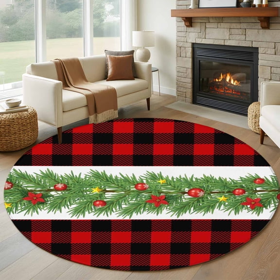 Christmas Round Rug 5ft Washable Circle Kitchen Rugs Non Slip Red Green Xmas Botanical Berry Black Plaid Large Area Rug Indoor Floor Carpet for Bedroom Living Room Home Office Dining Room Nursery