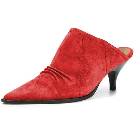 YDN Women Sexy Kitten Low Heel Mules Pumps Pointed Closed Toe Loafers Backless Slip On Sandals Suede Comfort Shoes Size 6 Red