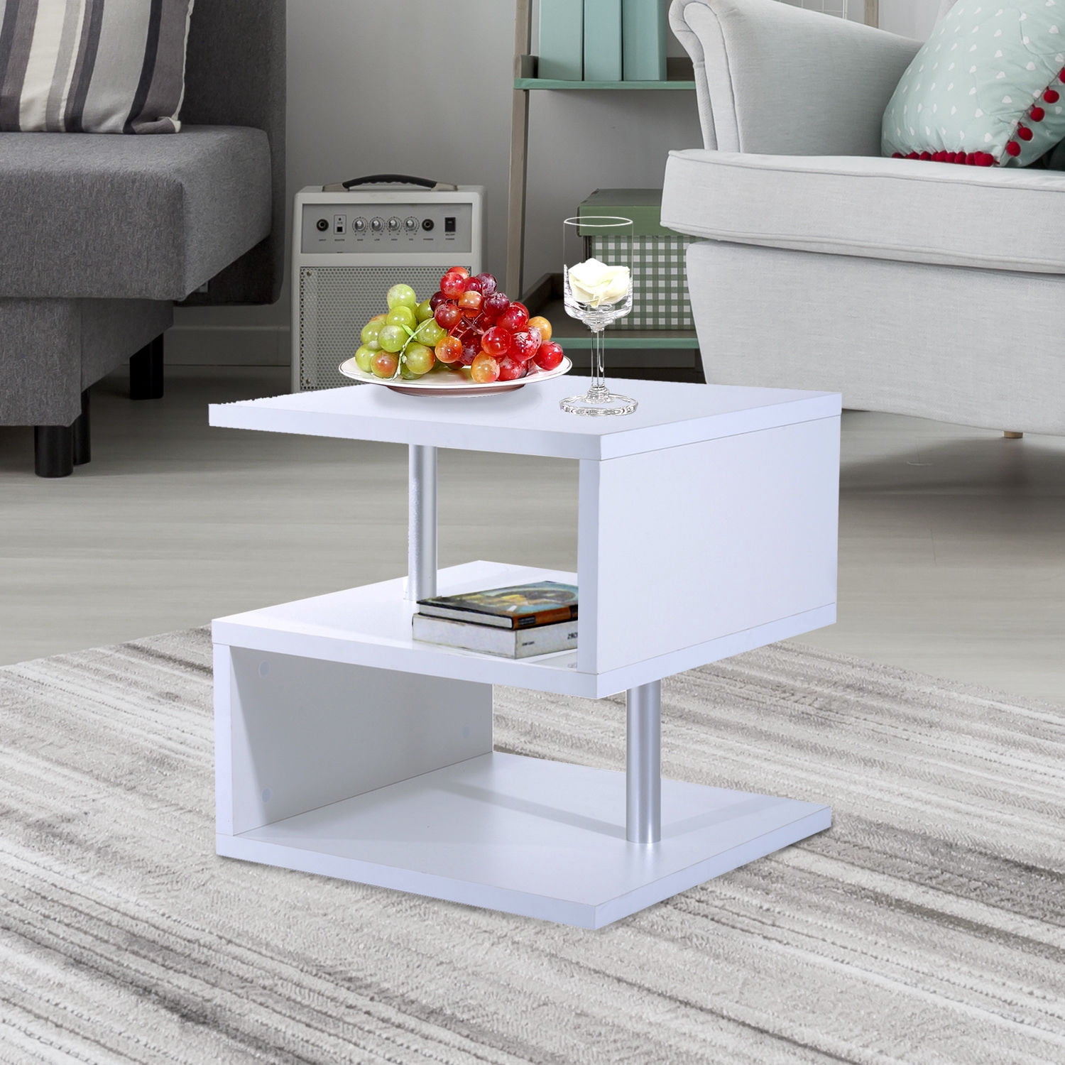 HomCom 20" Modern Designer S-Shaped Multi Level Accent End Table Shelf - White