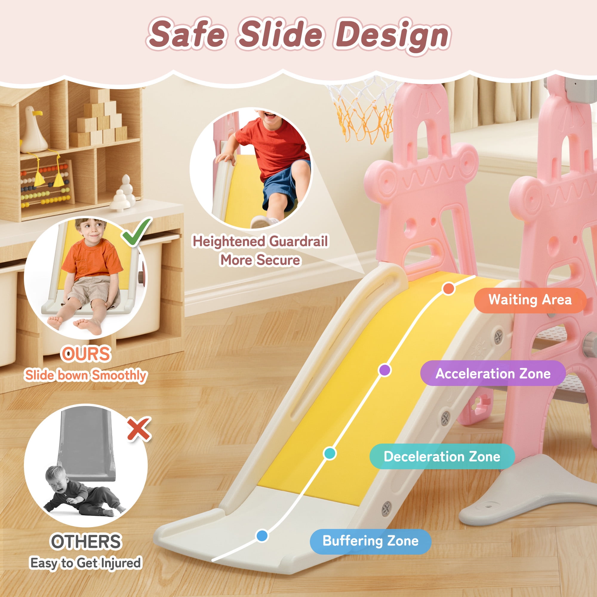 TOBBI 4 in 1 Slide and Swing Set for Toddlers, Indoor Slide Climber Toy, Swing Style,Pink,1+