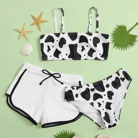 

Act Now！ Protect Your Little Swimmer with UV-Resistant Swimwear HIMIWAY Trendy Kids Swimsuits Girls Summer Cute Crisscross Back Cow Floral Print Three-Piece Swimsuit White 150
