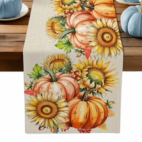 ERUNPONLY Burnt Orange Pumpkins Fall Table Runner - 70 Inch Long Thanksgiving Botanical Vintage Cotton Linen Blended Dress Scarves Farmhouse Table Runner for Kitchen Dining, Coffee Table, 13" x 70"