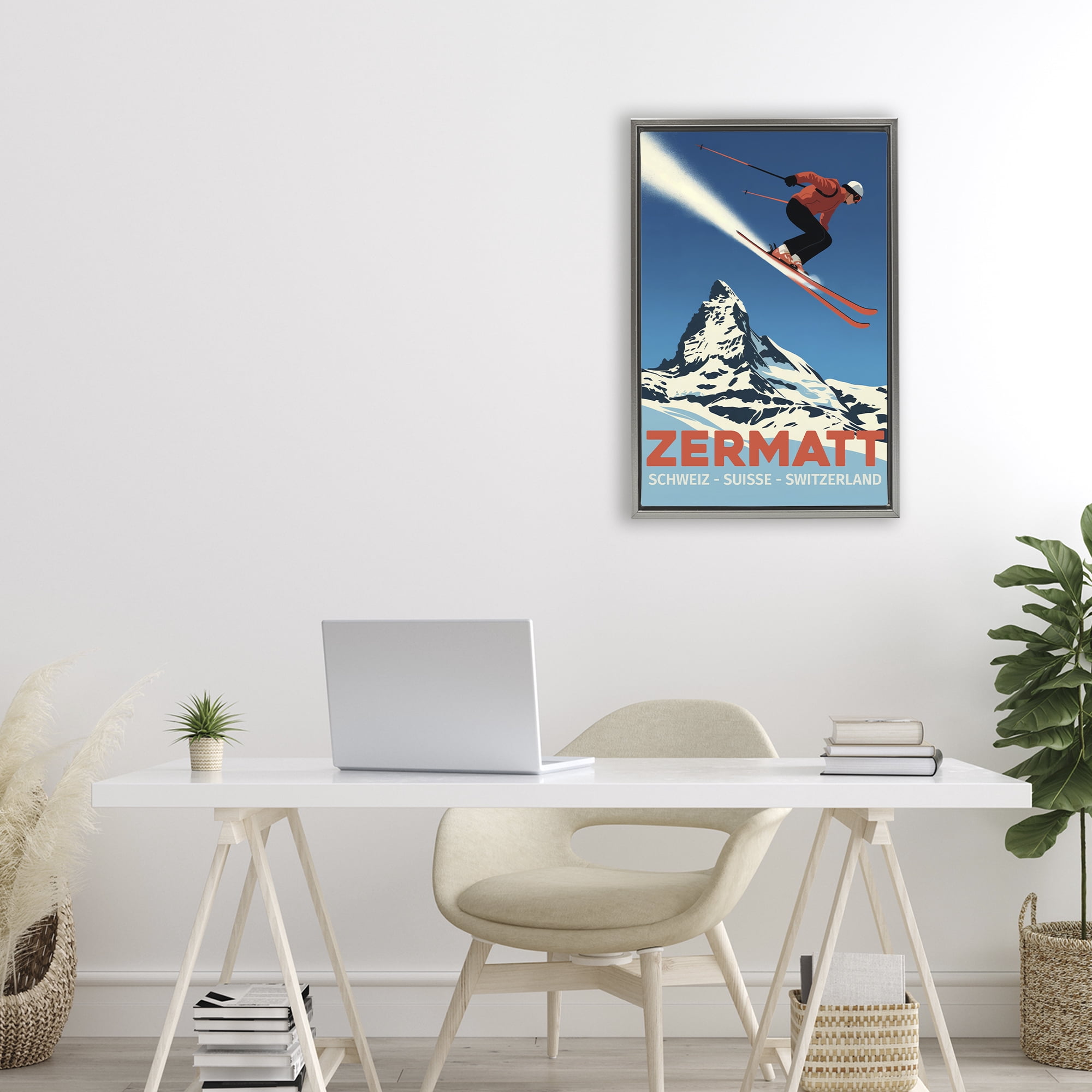 Stupell Industries Zermatt Ski Poster Gray Framed Floater Canvas Wall Art, design by Andreas Magnusson