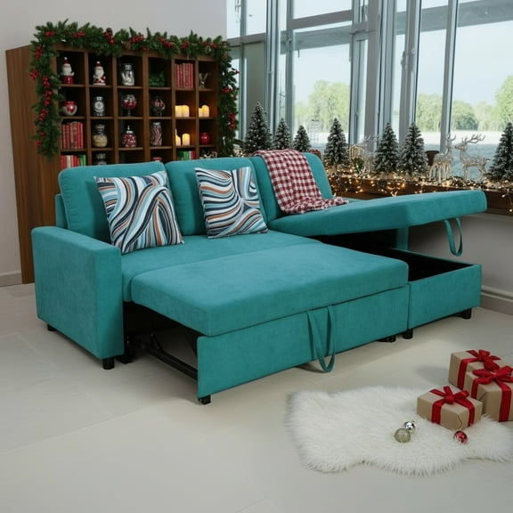 Hommoo Flannelette Reversible L-Shaped Sleeper Sofa Bed, Modern Sectional Couch Sofa Bed with Storage, Pull-Out Couch Sofa for Living Room, Bedroom and Office, Green