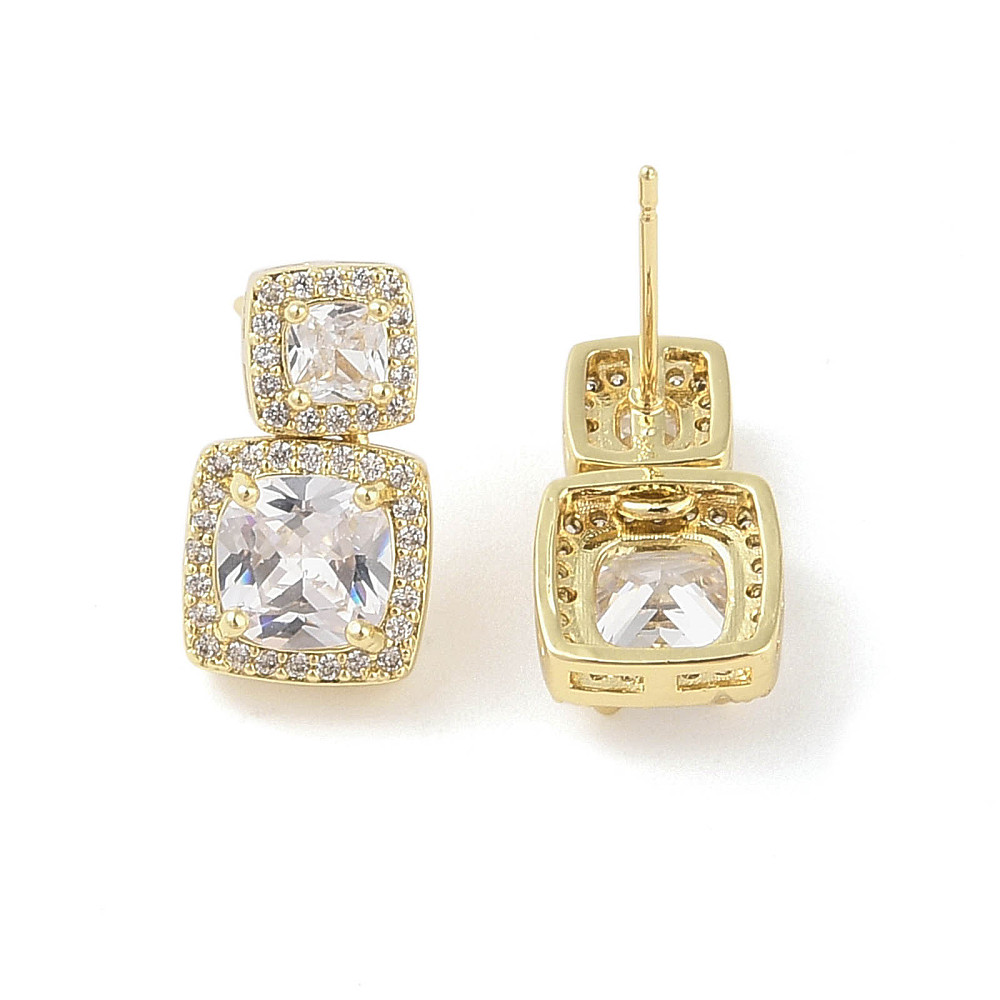 20pcs Square Brass Pave Clear Cubic Zirconia Stud Earrings with Glass for Women golden 17x10mm
