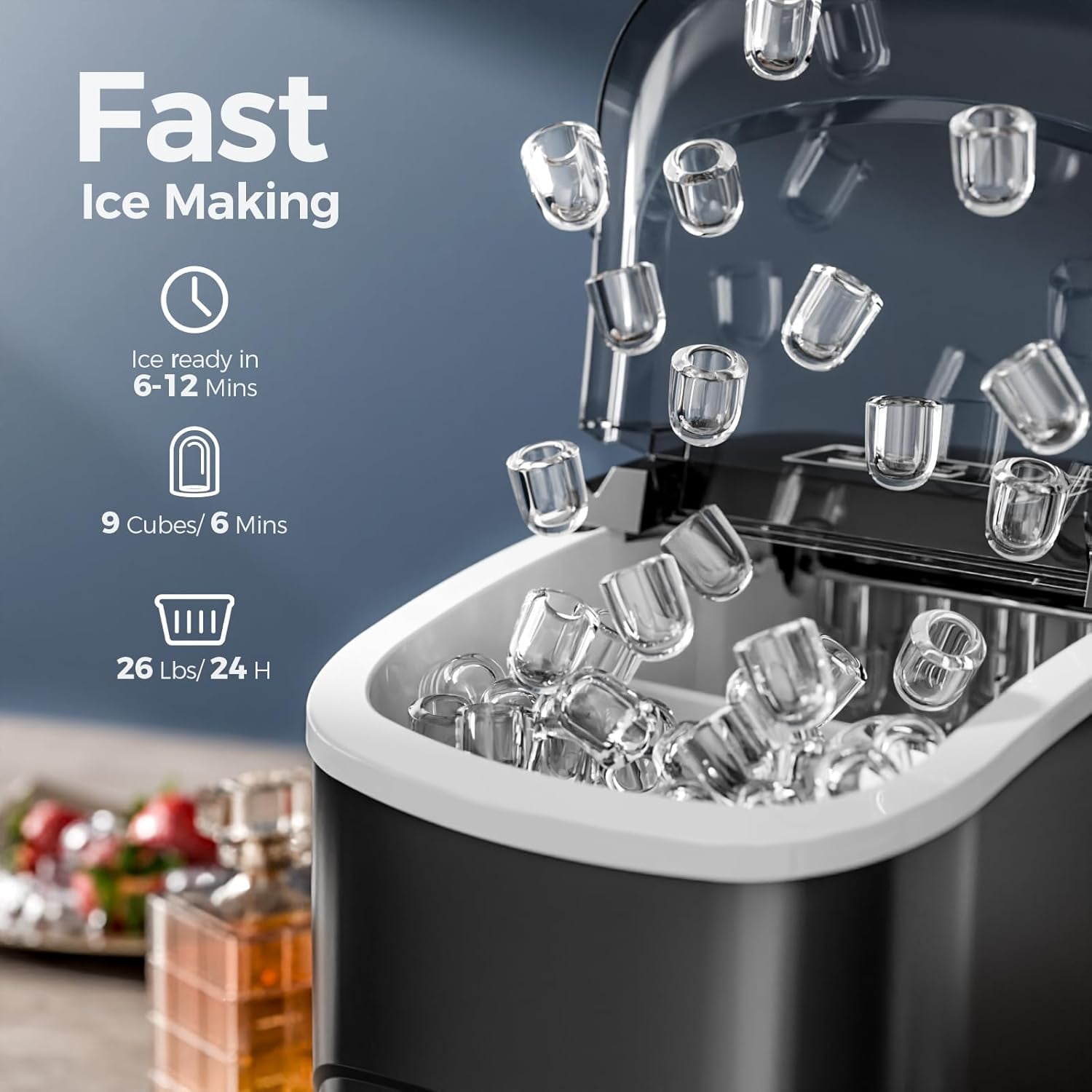 Ice Makers Countertop,26Lbs/24H,9 Cubes in 6 Mins,Portable Ice Maker Machine with Self-Cleaning,2 Sizes of Bullet Ice,Perfect for Home Kitchen