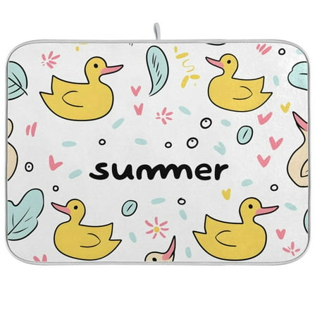 

Summer Theme Ducks Leaves Bubbles Dish Drying Mat Absorption Pad Kitchen Drainer for Counter Dinning Table 18 x 24
