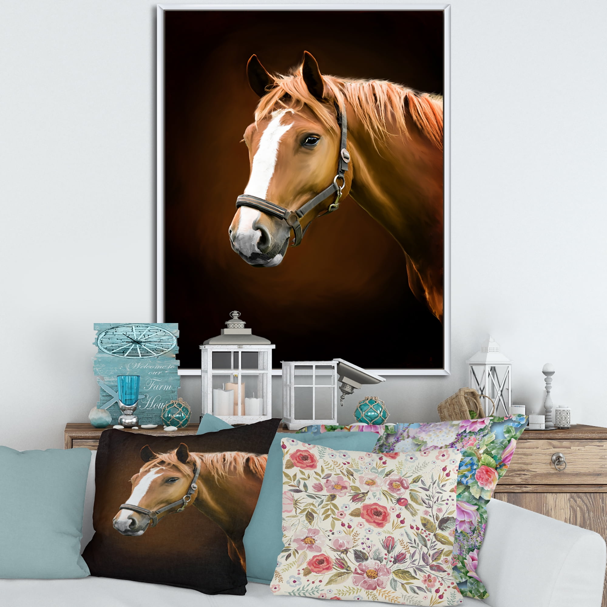 Designart 'Brown Horse With White Nose Portrait' Farmhouse Framed Canvas Wall Art Print