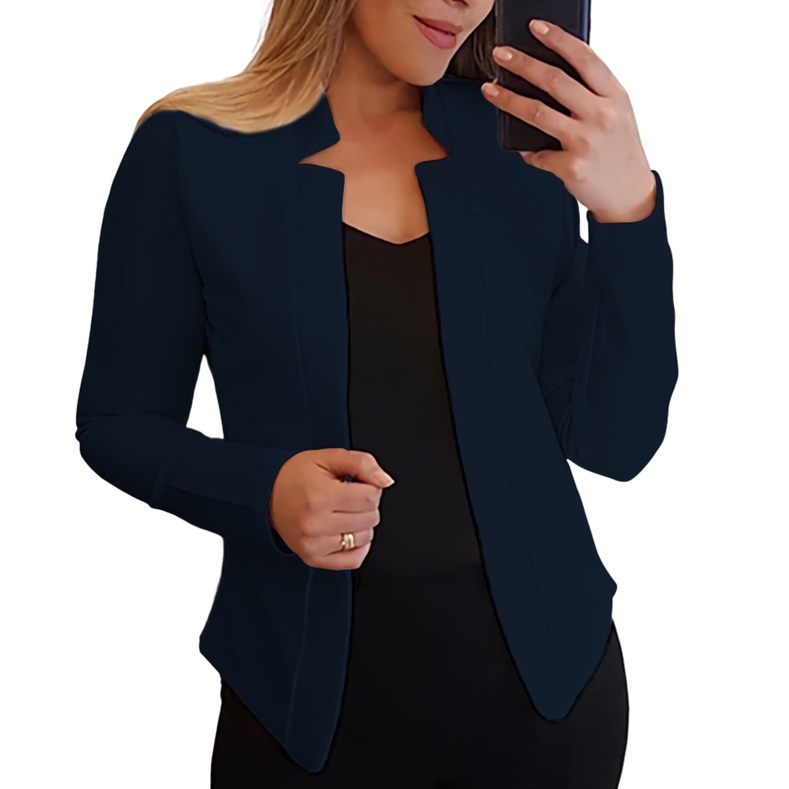 PERZOE Blazer Women Blazer Open Stitch Cardigan Solid Color Slim Fit Long  Sleeves Warm Business Outwear Plus Size Spring Coat Female Clothes