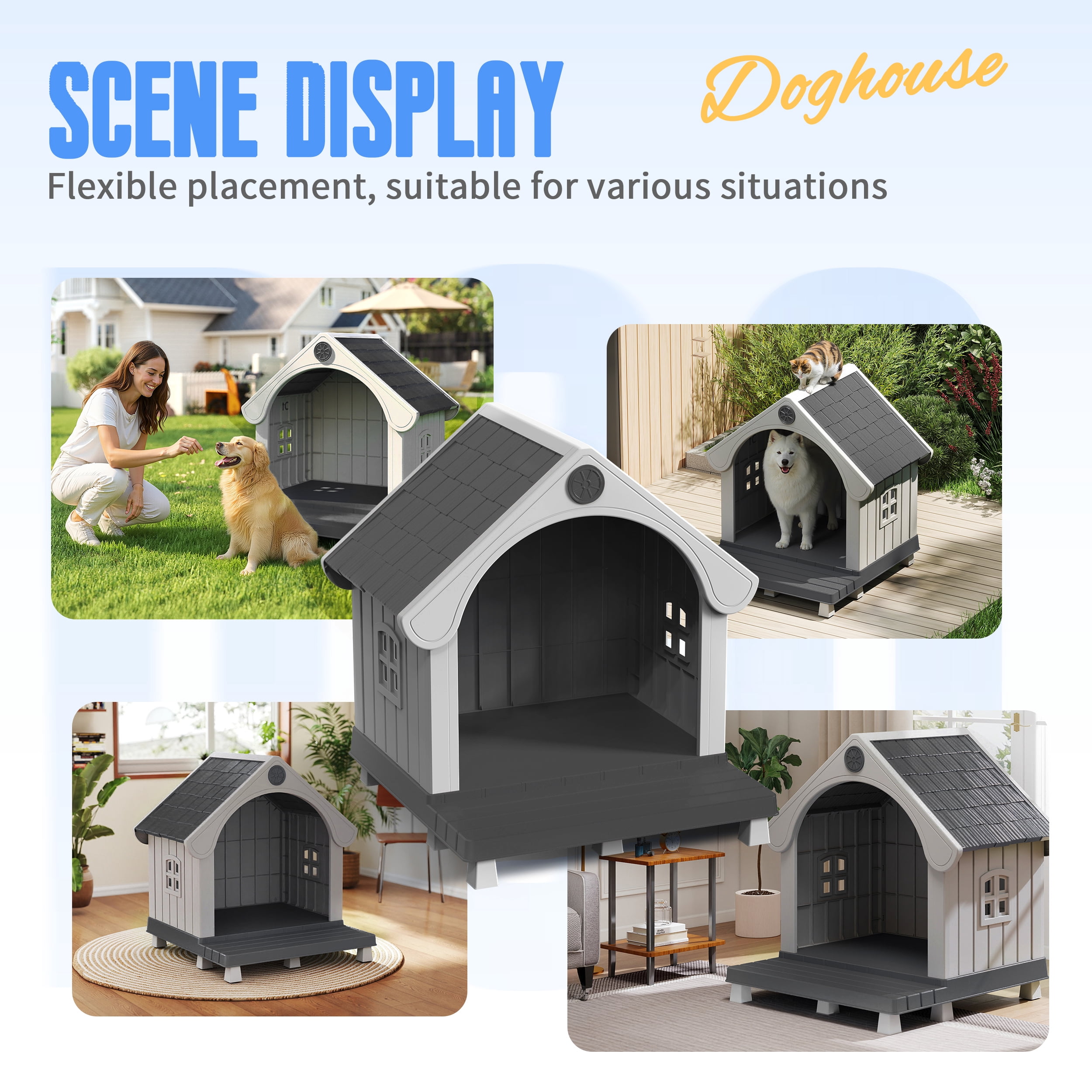 Joxxoaa Dog House Resin Dog Kennel with Cute Elegant Design & Extended Elevated Floor, Dog Houses for Large Dogs Outside Weatherproof for Indoor & Outdoor Use
