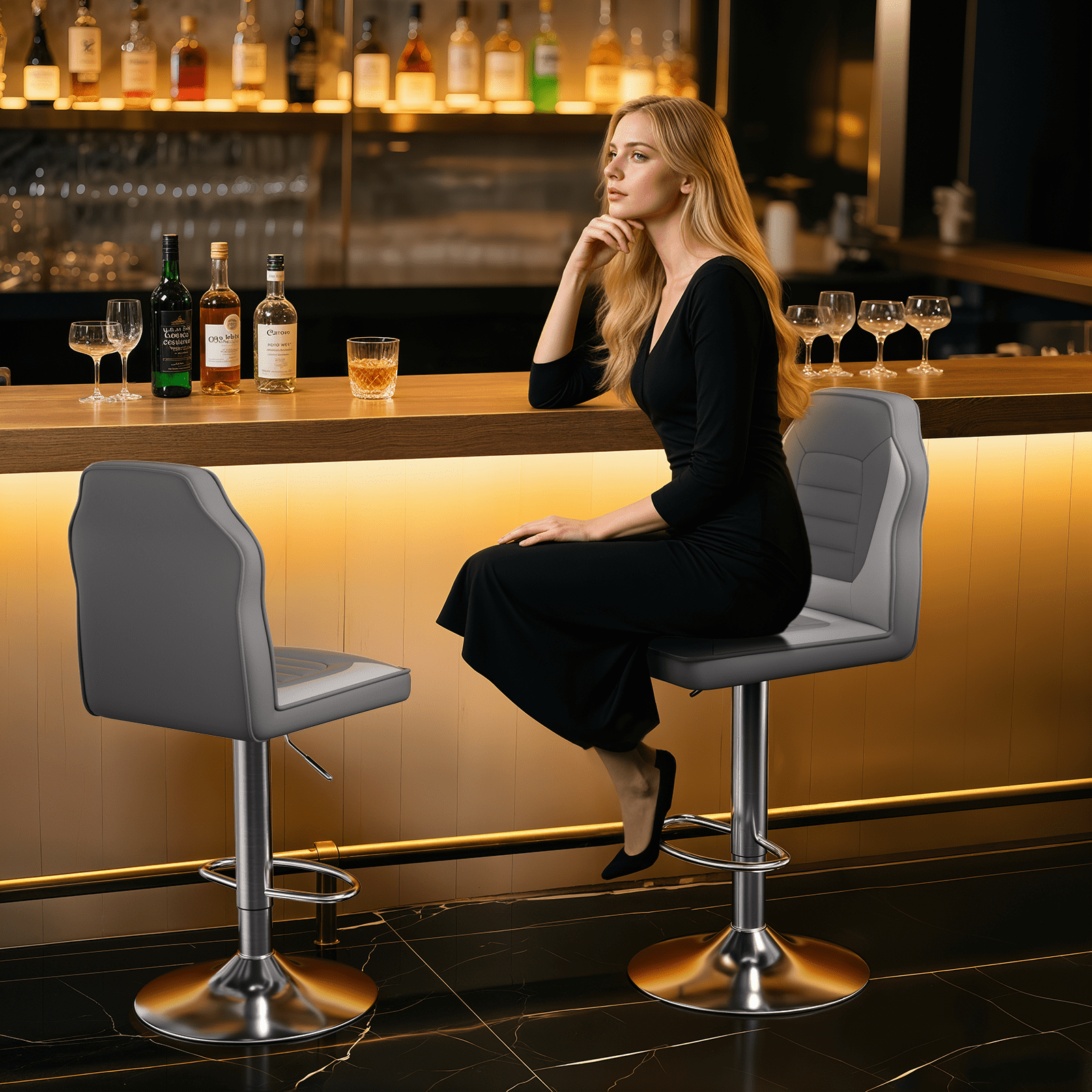 OSM 2-Pack Racing Style Bar Stools, Adjustable Height Swivel Gaming Chairs with High Back, Footrest & PU Leather, for Kitchen Island, Home Pub, Gray/White