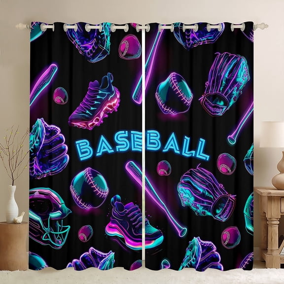 Manfei Cartoon Ball Sports Black Out Curtains, Neon Baseball Print Curtains Pack of 2 (42x63 Each), Teens Boys Girls Kids Bedroom Curtains, Curtains and Drapes Bedroom Decor