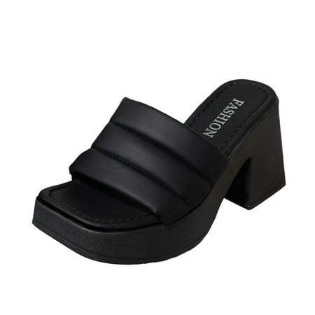 

Vuygyu Ladies Fashion Summer Solid Leather Open Toe Square Head Thick High Heel Sandals Slippers Women Fluff Yeah Womens Slippers with Backs Women Indoor Slippers Puppy Slippers for Women Women Boot