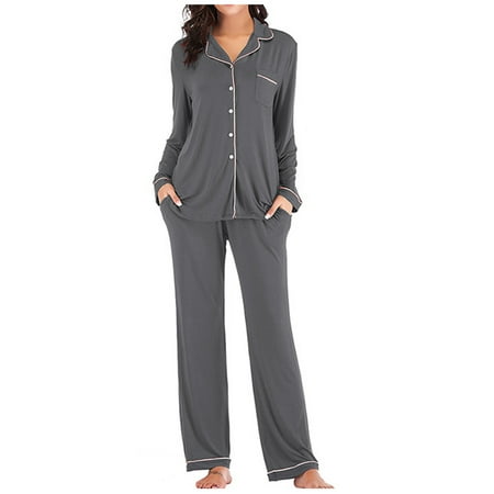 

Women Buttons V Neck Long Sleeve Pajama Set Homewear Loose Fit Button-Down Shirt Pants Two-Piece Night Suit