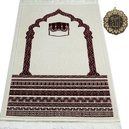 Modefa Turkish Prayer Rug | Plush Velvet Janamaz Sajadah | Standard Adult Size | Free CAR Hanger | Royal Mihrab Kaba - Red