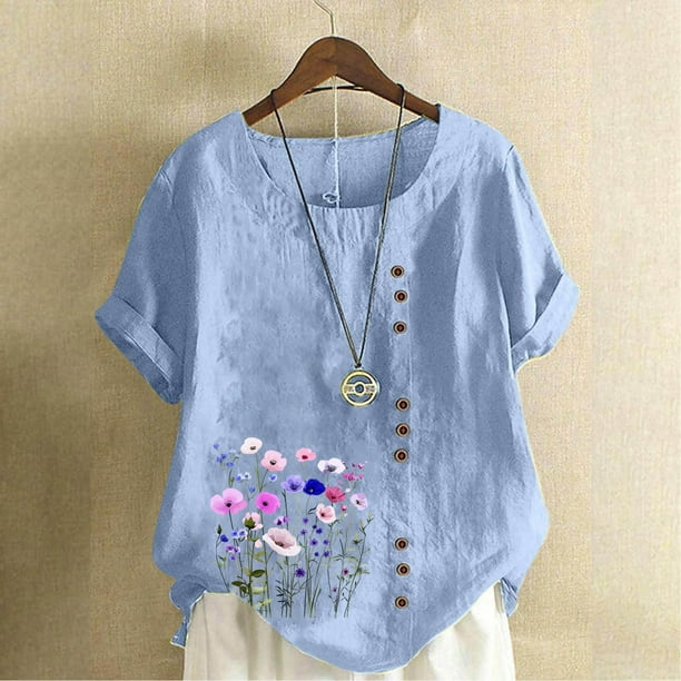 TaTaai Casual Printed Button Blouse, Women's Short Sleeve Linen Feel T-Shirt, Comfortable Top for All Seasons Gift