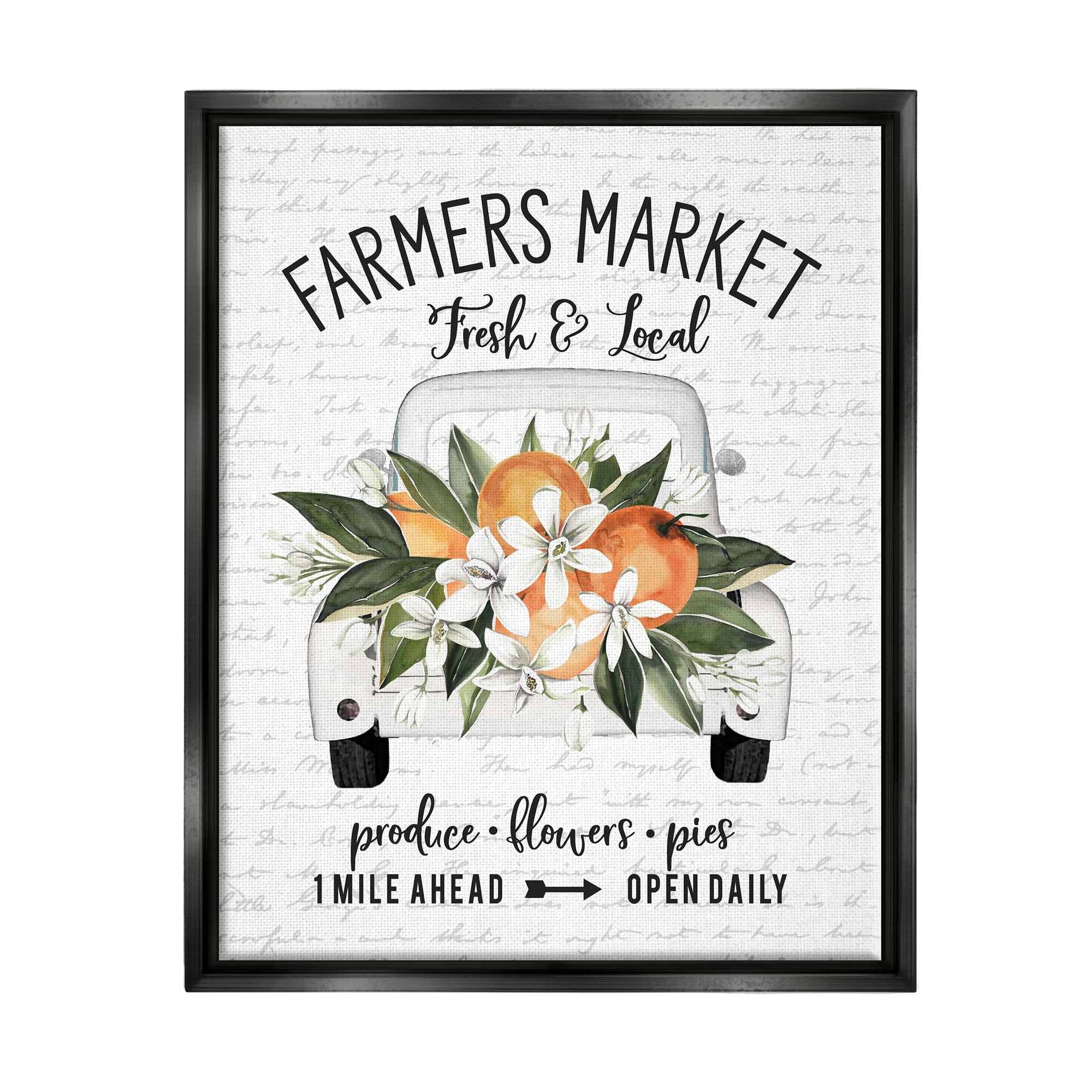 Stupell Industries Farmers Market Orange Blossom Truckload Rustic Sign Graphic Art Metallic Gold Floating Framed Canvas Print Wall Art, Design by Lettered and Lined