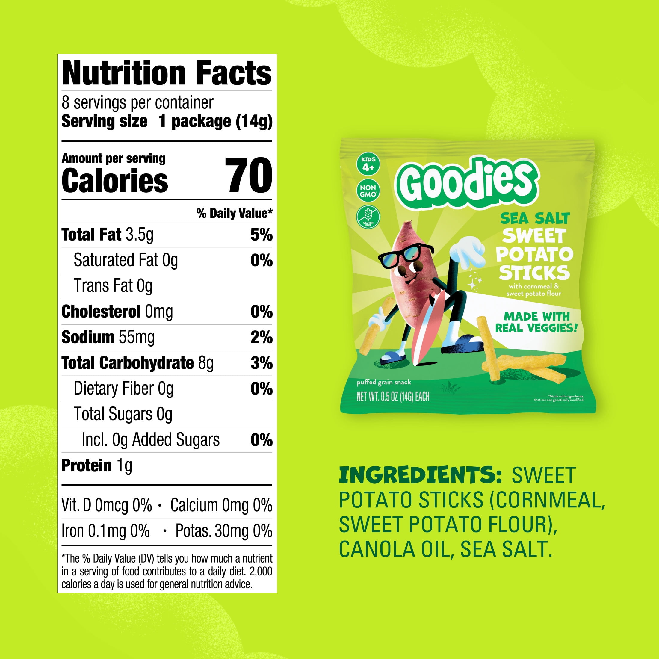 Goodies Sea Salt Sweet Potato Sticks Gluten Free Kids Snack, Non-GMO, 8 snack packs