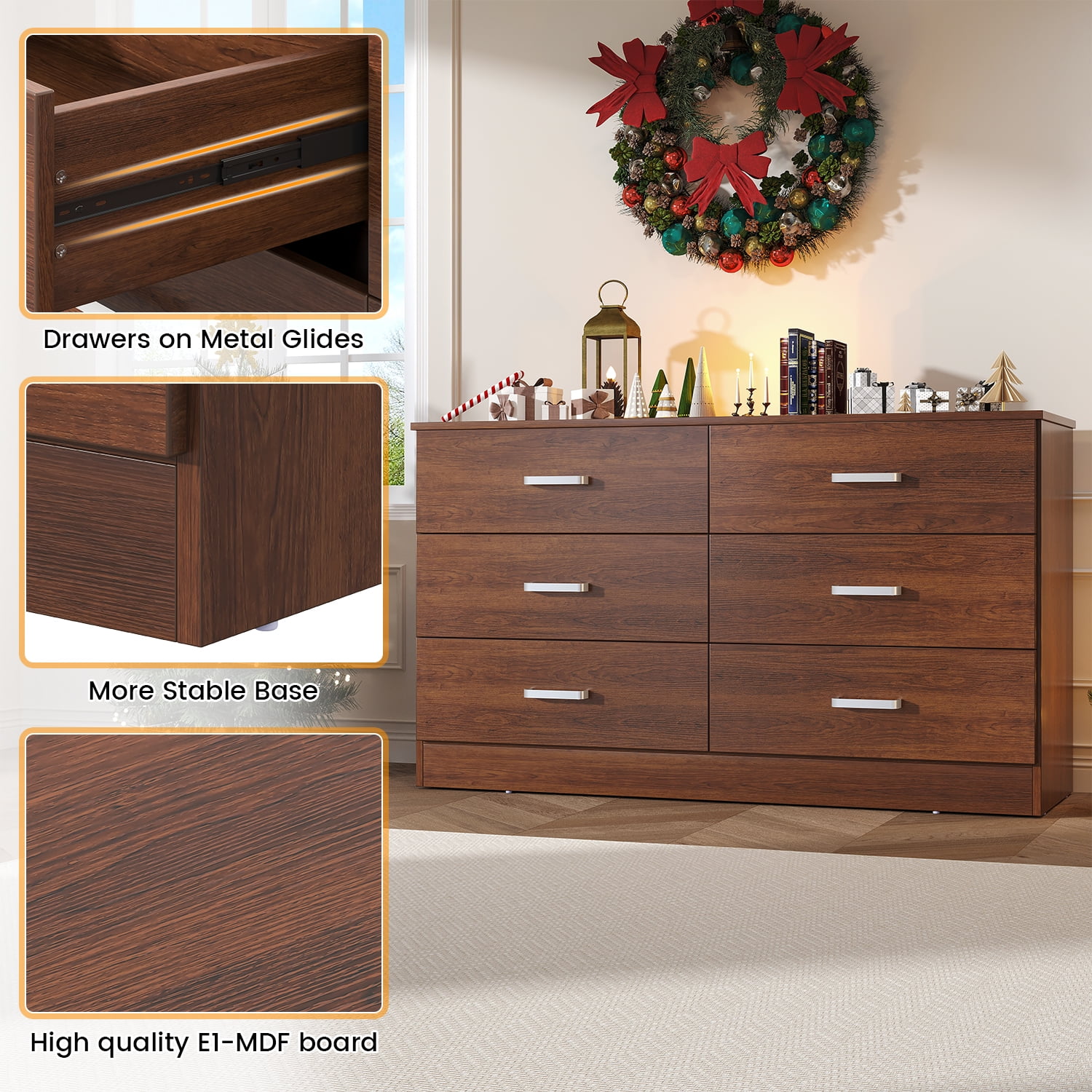 Winkalon Brown Dresser for Bedroom, 6 Drawer Dresser Chest of Drawers, Wood Dressers for Closet, Wide Modern Dressers for Living Room, Hallway, Entryway, TV Stand, Brown
